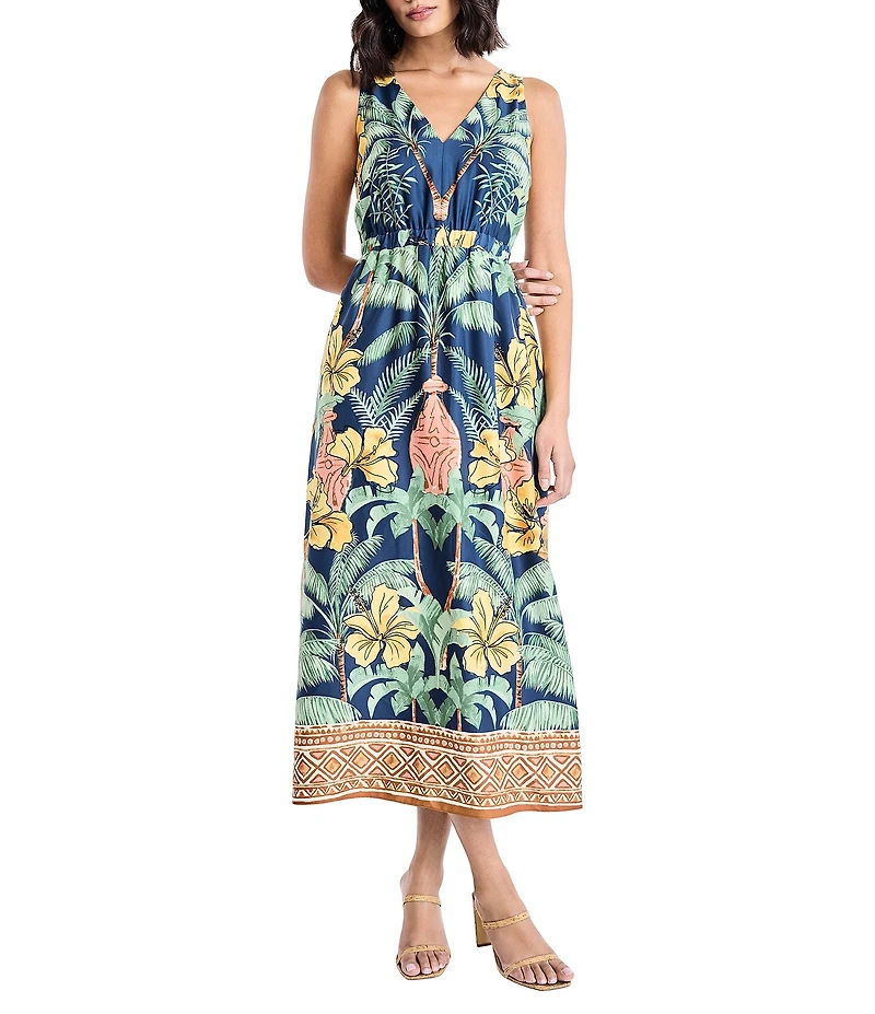 Maggy London Palm Tree Print V Neck Sleeveless Midi Dress