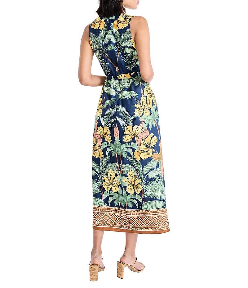Maggy London Palm Tree Print V Neck Sleeveless Midi Dress