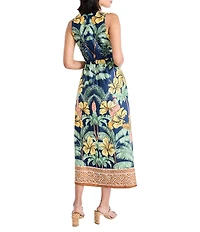 Maggy London Palm Tree Print V Neck Sleeveless Midi Dress