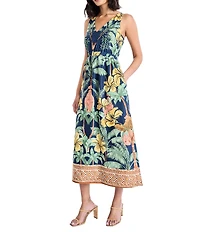 Maggy London Palm Tree Print V Neck Sleeveless Midi Dress