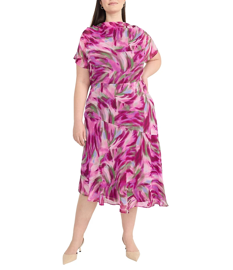 Maggy London Plus Size Crew Neck Short Sleeve Asymmetric Midi Dress