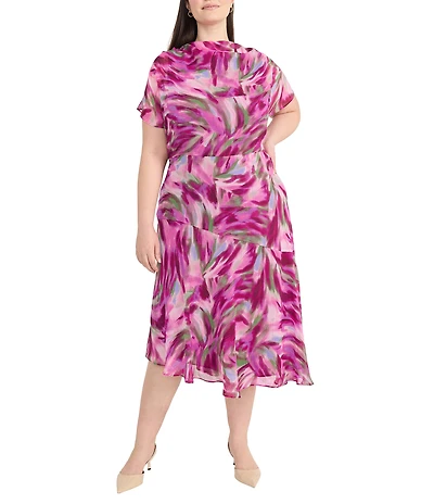 Maggy London Plus Size Crew Neck Short Sleeve Asymmetric Midi Dress