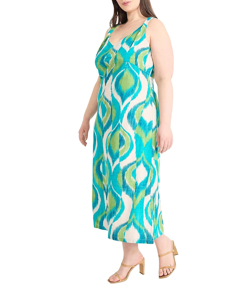Maggy London Plus Size V-Neck Sleeveless Printed A-Line Midi Dress
