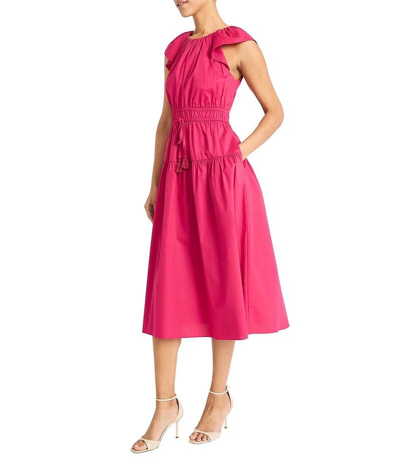 Maggy London Poplin Crew Neck Cap Sleeve A-Line Midi Dress