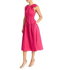 Maggy London Poplin Crew Neck Cap Sleeve A-Line Midi Dress