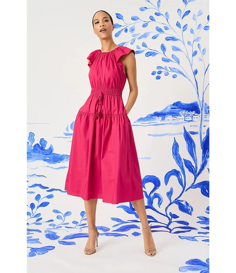 Maggy London Poplin Crew Neck Cap Sleeve A-Line Midi Dress