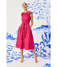 Maggy London Poplin Crew Neck Cap Sleeve A-Line Midi Dress