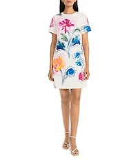 Maggy London Poplin Floral Print Crew Neck Short Sleeve Shift Mini Dress