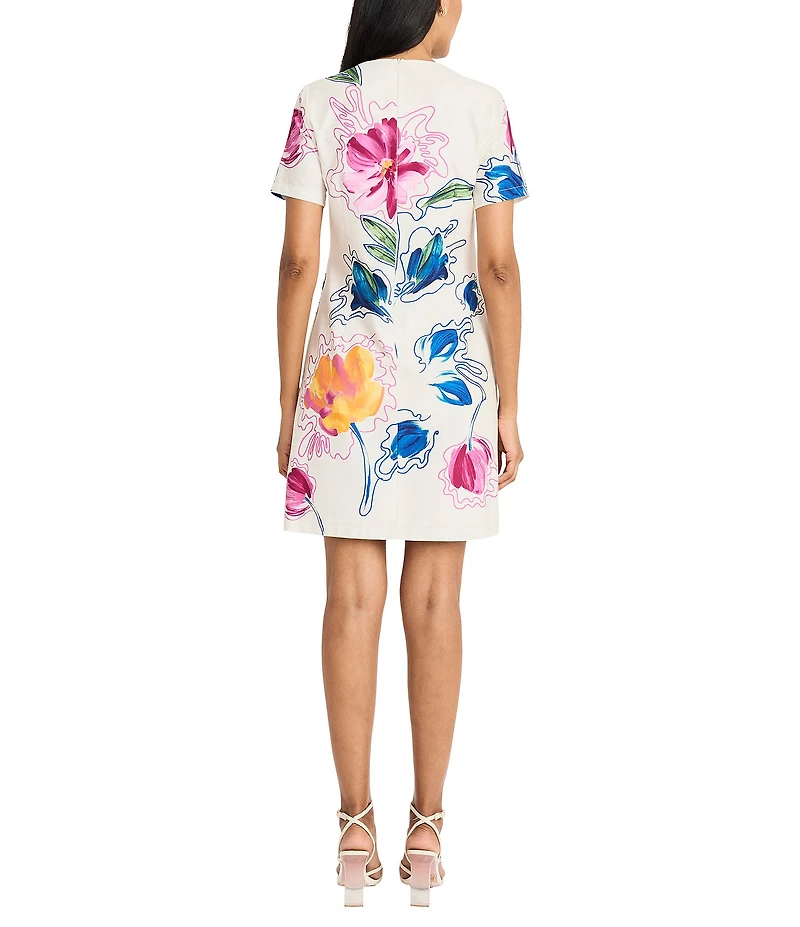 Maggy London Poplin Floral Print Crew Neck Short Sleeve Shift Mini Dress