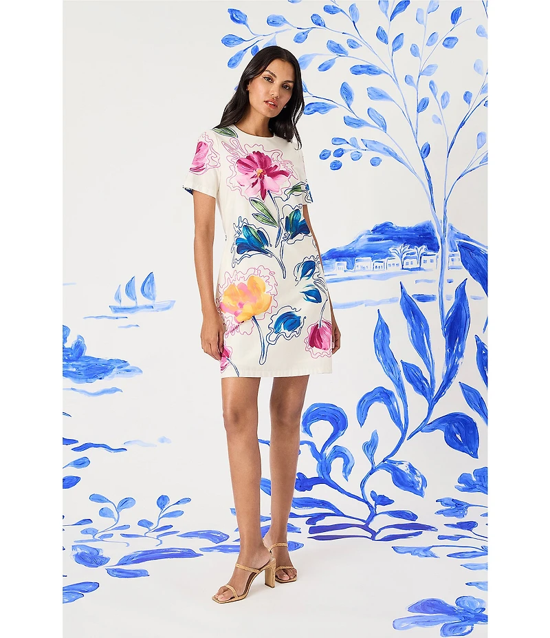 Maggy London Poplin Floral Print Crew Neck Short Sleeve Shift Mini Dress