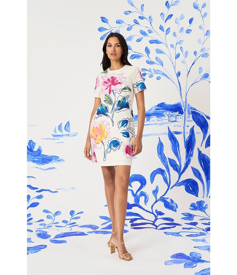 Maggy London Poplin Floral Print Crew Neck Short Sleeve Shift Mini Dress