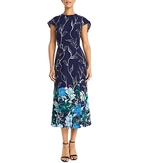 Maggy London Printed Georgette Crew Neck Short Sleeve Back Ruffle A-Line Midi Dress