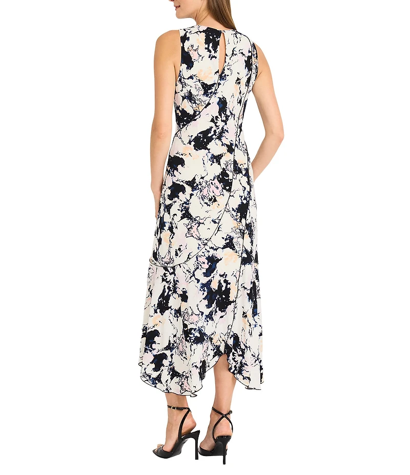 Maggy London Printed ITY Crew Neck Sleeveless Asymmetrical Hem A-Line Midi Dress