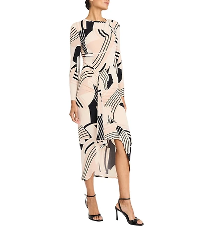 Maggy London Printed Matte Jersey Crew Neck Long Sleeve Ruffle Front Sheath Midi Dress