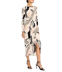 Maggy London Printed Matte Jersey Crew Neck Long Sleeve Ruffle Front Sheath Midi Dress