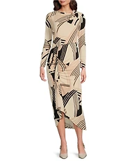 Maggy London Printed Matte Jersey Crew Neck Long Sleeve Ruffle Front Sheath Midi Dress