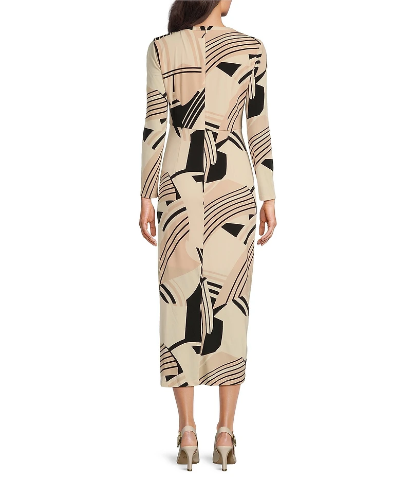 Maggy London Printed Matte Jersey Crew Neck Long Sleeve Ruffle Front Sheath Midi Dress