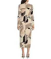 Maggy London Printed Matte Jersey Crew Neck Long Sleeve Ruffle Front Sheath Midi Dress