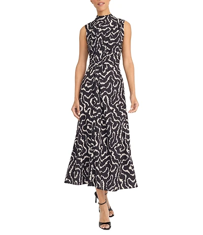 Maggy London Printed Mock Neck Waist Detail Midi Dress