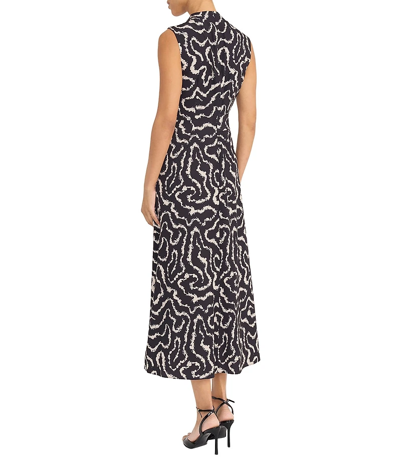 Maggy London Printed Mock Neck Waist Detail Midi Dress