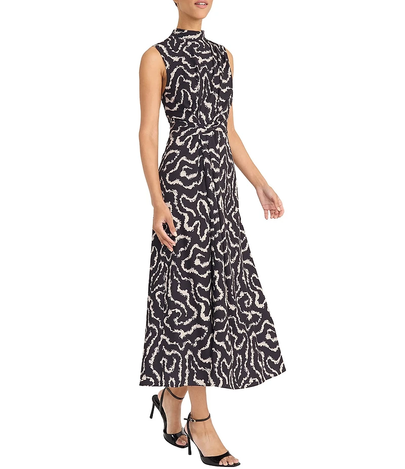Maggy London Printed Mock Neck Waist Detail Midi Dress