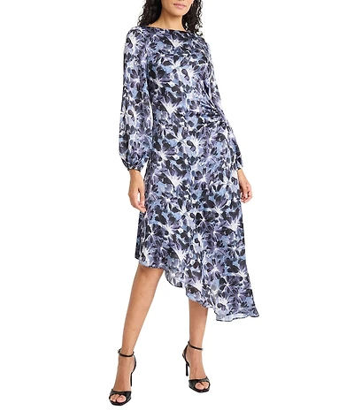 Maggy London Printed Yoryu Boat Neck Balloon Long Sleeve Asymmetrical Midi Dress