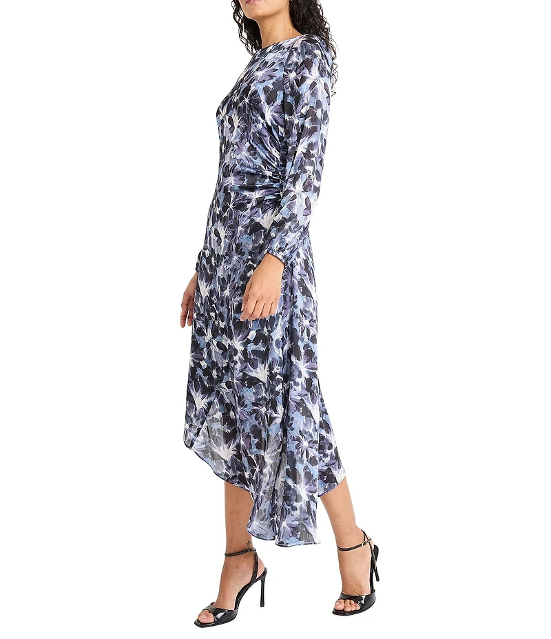 Maggy London Printed Yoryu Boat Neck Balloon Long Sleeve Asymmetrical Midi Dress