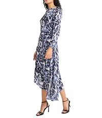 Maggy London Printed Yoryu Boat Neck Balloon Long Sleeve Asymmetrical Midi Dress