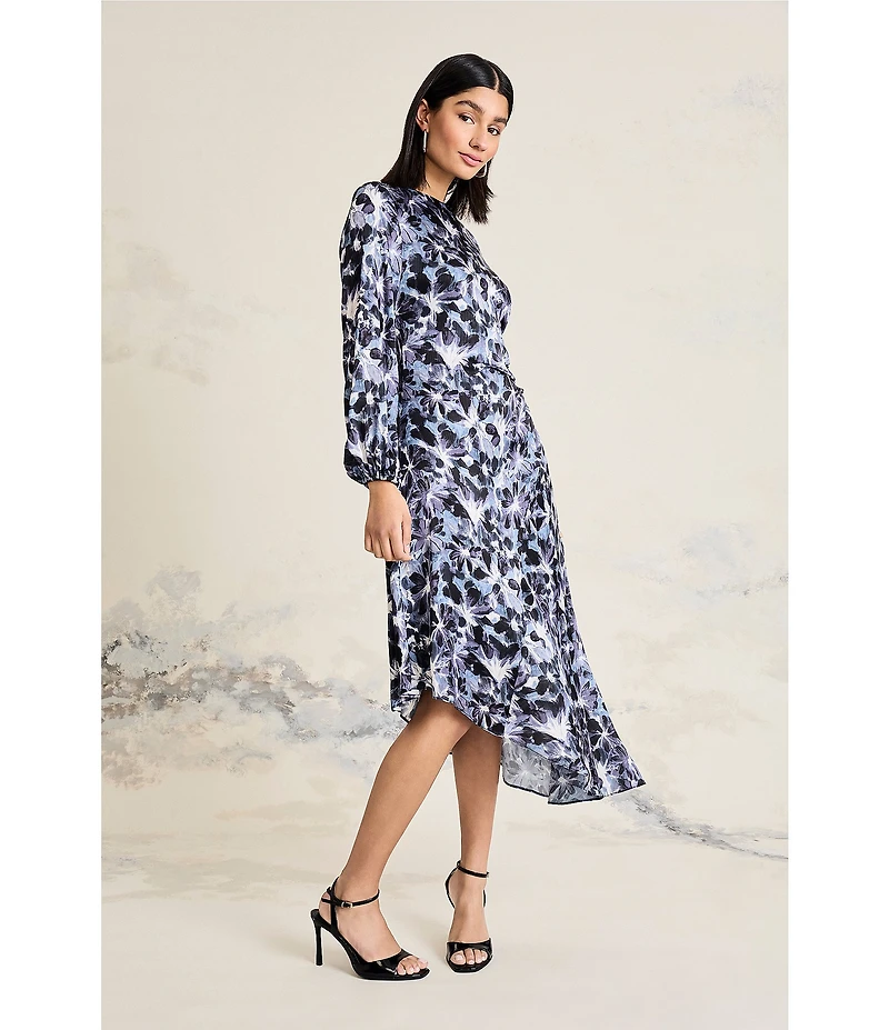 Maggy London Printed Yoryu Boat Neck Balloon Long Sleeve Asymmetrical Midi Dress
