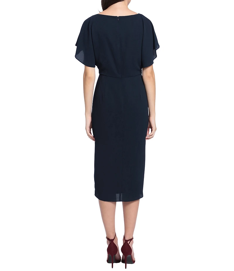 Maggy London Crew Neck Short Dolman Sleeve Faux Wrap Midi Sheath Dress