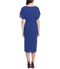 Maggy London Crew Neck Short Dolman Sleeve Faux Wrap Midi Sheath Dress