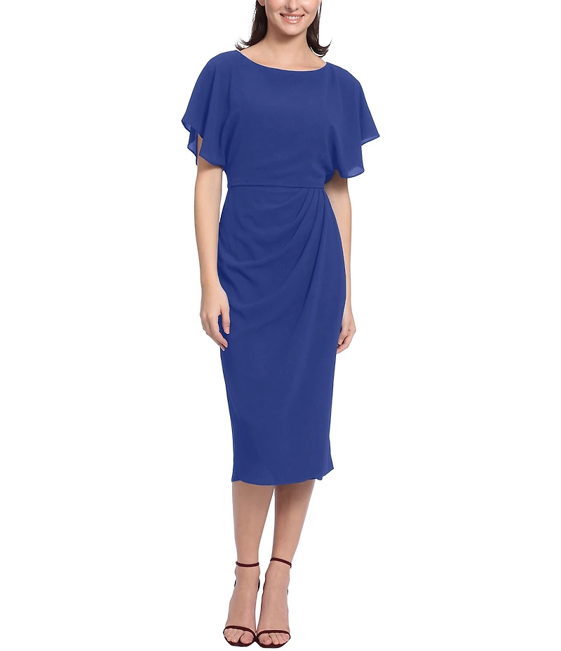 Maggy London Crew Neck Short Dolman Sleeve Faux Wrap Midi Sheath Dress