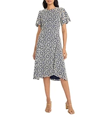 Maggy London Round Neck Flutter Sleeve Floral Lace A-Line Midi Dress