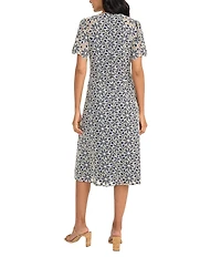 Maggy London Round Neck Flutter Sleeve Floral Lace A-Line Midi Dress