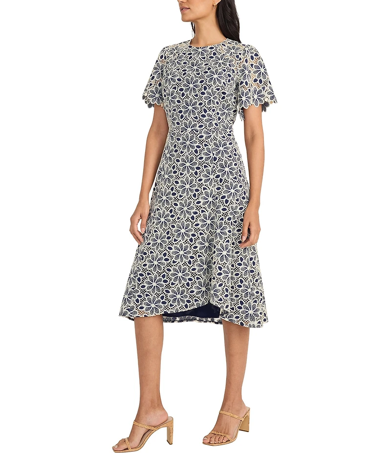 Maggy London Round Neck Flutter Sleeve Floral Lace A-Line Midi Dress