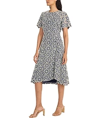 Maggy London Round Neck Flutter Sleeve Floral Lace A-Line Midi Dress