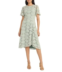 Maggy London Round Neck Flutter Sleeve Floral Lace A-Line Midi Dress