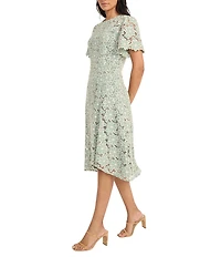 Maggy London Round Neck Flutter Sleeve Floral Lace A-Line Midi Dress