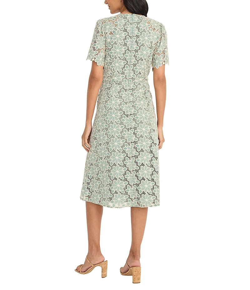 Maggy London Round Neck Flutter Sleeve Floral Lace A-Line Midi Dress