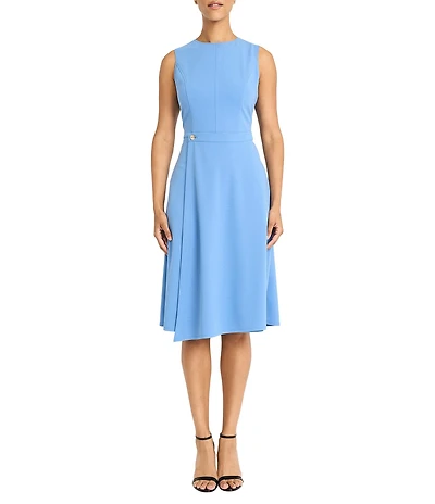 Maggy London Round Neck Sleeveless Crepe Midi Faux Wrap Dress
