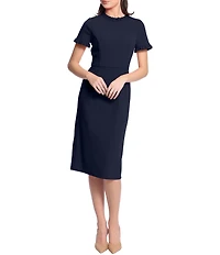 Maggy London Ruffle Mock Neck Short Sleeve Stretch Crepe Midi Pencil Sheath Dress