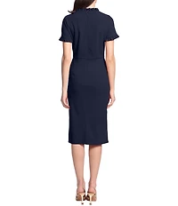 Maggy London Ruffle Mock Neck Short Sleeve Stretch Crepe Midi Pencil Sheath Dress
