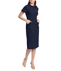 Maggy London Ruffle Mock Neck Short Sleeve Stretch Crepe Midi Pencil Sheath Dress