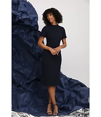 Maggy London Ruffle Mock Neck Short Sleeve Stretch Crepe Midi Pencil Sheath Dress