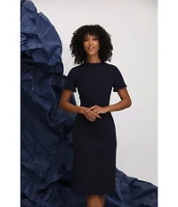 Maggy London Ruffle Mock Neck Short Sleeve Stretch Crepe Midi Pencil Sheath Dress