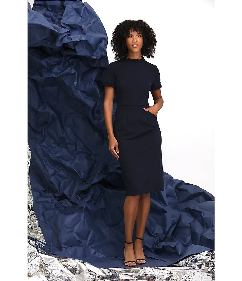 Maggy London Ruffle Mock Neck Short Sleeve Stretch Crepe Midi Pencil Sheath Dress