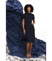 Maggy London Ruffle Mock Neck Short Sleeve Stretch Crepe Midi Pencil Sheath Dress