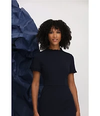 Maggy London Ruffle Mock Neck Short Sleeve Stretch Crepe Midi Pencil Sheath Dress