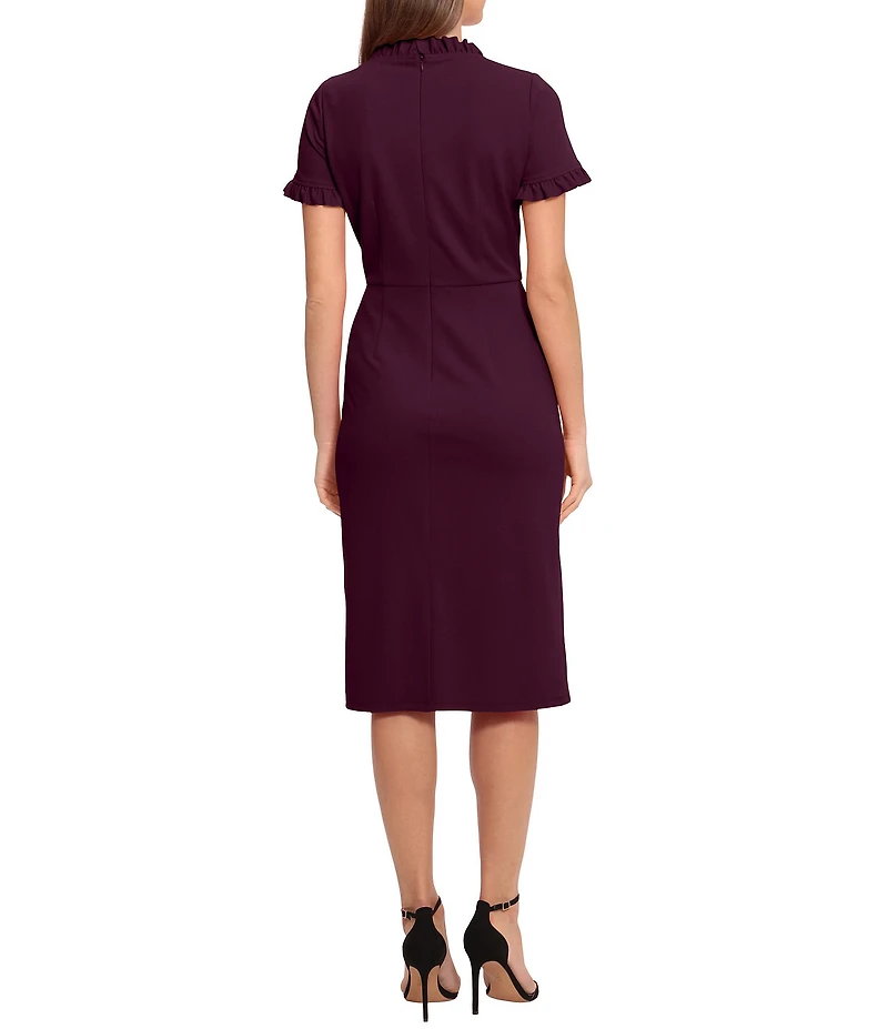 Maggy London Ruffle Mock Neck Short Sleeve Stretch Crepe Midi Pencil Sheath Dress