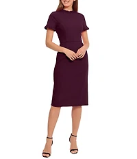 Maggy London Ruffle Mock Neck Short Sleeve Stretch Crepe Midi Pencil Sheath Dress